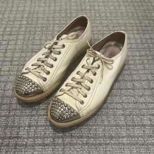 Miu Miu White Patent Leather Studded Toe Cap Sneakers